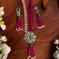 Hot Pink Long Kundan Necklace Set with Earrings | Traditional Indian Jewelry | Silver-Foiled Kundan Stones with Hot Pink Beads and Pearls | Perfect for Weddings, Bridal Wear, and Festive Occasions | Ethnic South Asian Jewelry |