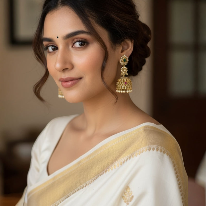 Woman wearing a white saree with gold border and gold earrings indoors. Model wearing elegant gold-plated jhumka earrings adorned with CZ, ruby, and emerald stones. The earrings feature a dome-shaped design with pearl drops, adding a traditional Indian bridal touch. Perfect for festive and wedding looks, the jewelry complements ethnic outfits like sarees and lehengas, showcasing timeless South Asian craftsmanship and luxury appeal.