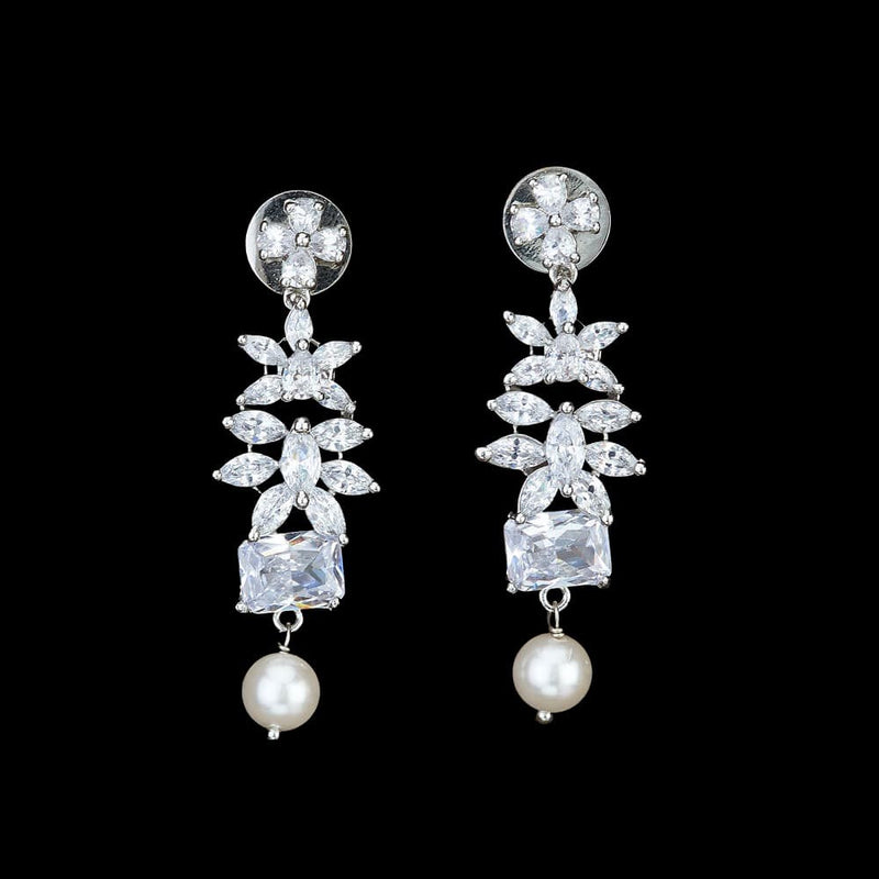 Medium long American Diamond/Cubic Zirconia Earrings with a dangling pearl. Perfect for day and evening wear for Indian and Pakistani jewelry.