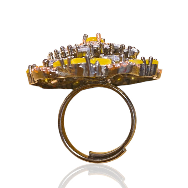 Adjustable Ring on Victorian Finish with Cubic Zirconia And Yellow Monalisa Stones.