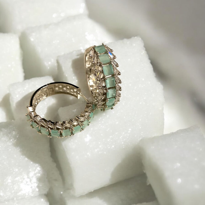 Mint AD Hoop Earrings | Gold-Plated Hoops with Sparkling American Diamonds and Mint Stones | Lightweight and Comfortable | Perfect for Weddings, Festive Celebrations, and Everyday Wear | Elegant South Asian Jewelry | Stylish Accessories for Women