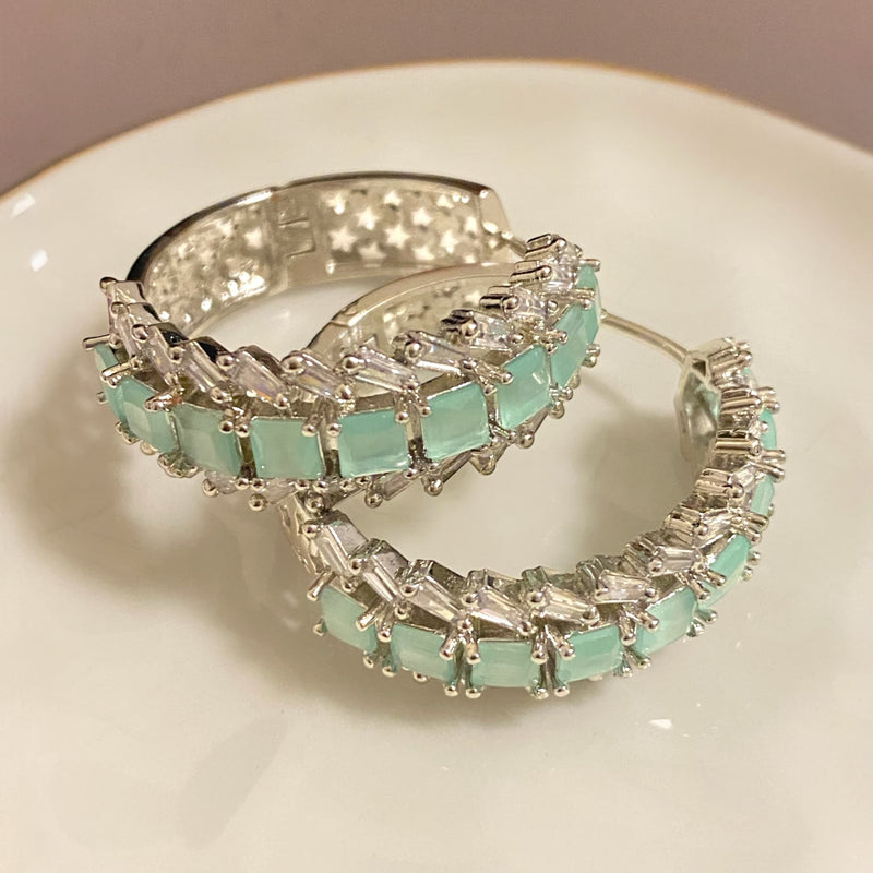 Mint AD hoop earrings with gold plating, sparkling American diamonds, and mint stones. Lightweight and elegant, ideal for weddings and parties. Perfect for online jewelry shoppers seeking discounted Indian jewelry and Pakistani jewelry styles.