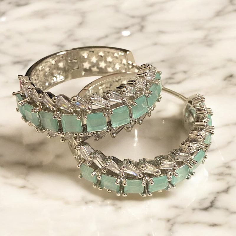 Sabyasachi Earrings, Rhodium Finish Hoops with mint stones from Indian Jewelry store in Pleasanton, CA.