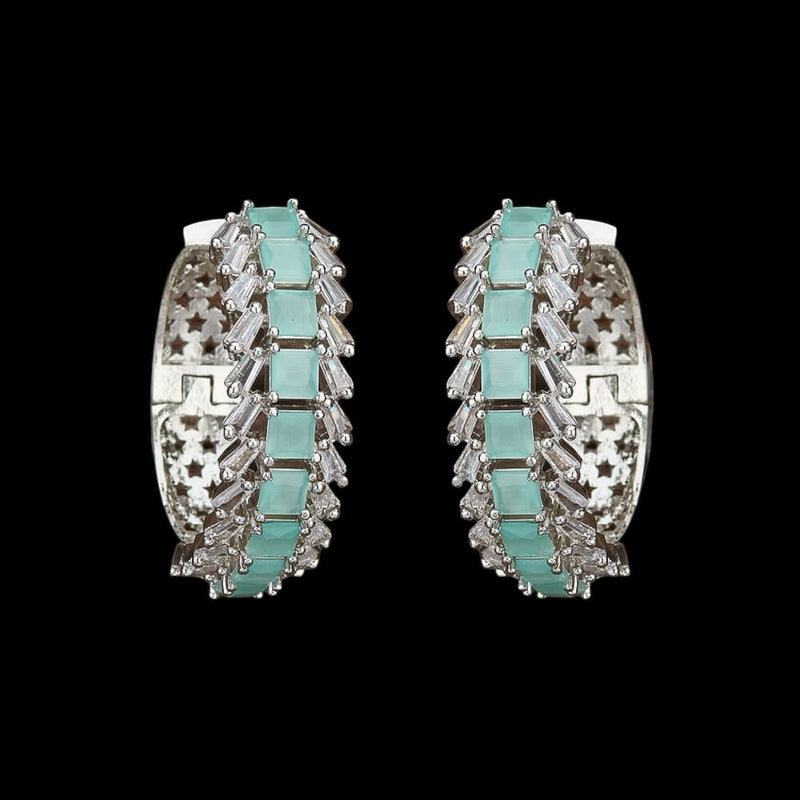 Mint AD hoop earrings with gold plating, sparkling American diamonds, and mint stones, offering a lightweight and stylish design ideal for weddings, parties, and everyday elegance. Perfect South Asian jewelry accessory for women.