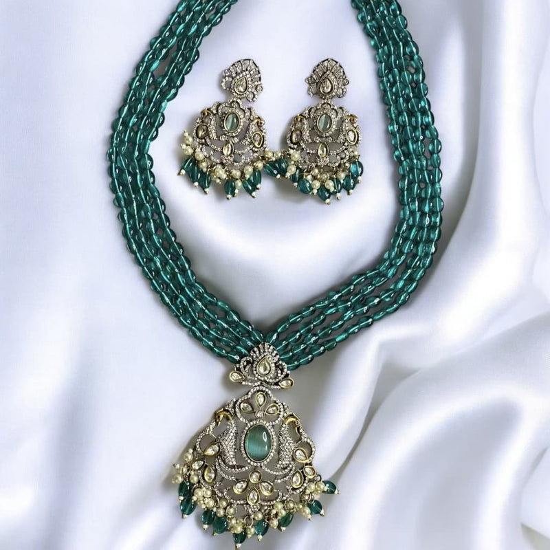 Zeenat Seagreen Dual Tone Victorian Finish CZ Long Necklace Set