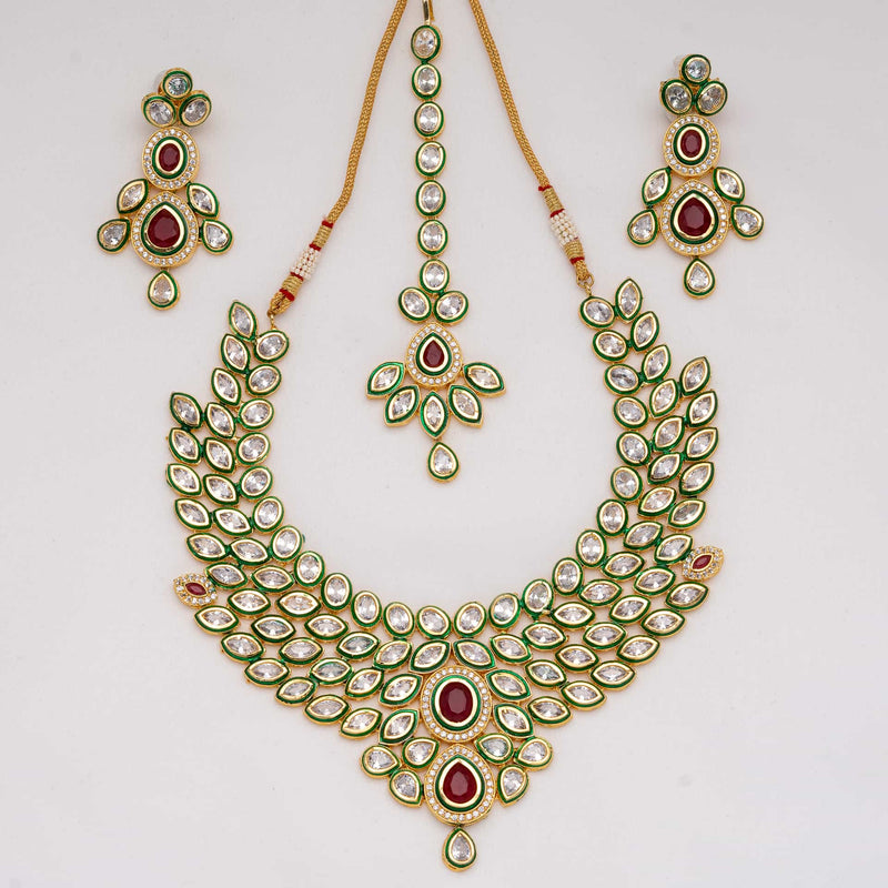 Reverse Amercian Diamond/Cubic Zirconia Necklace Set with Ruby Stomes and meenakari. Jewelry for Indian  Wedding and bridesmaids.