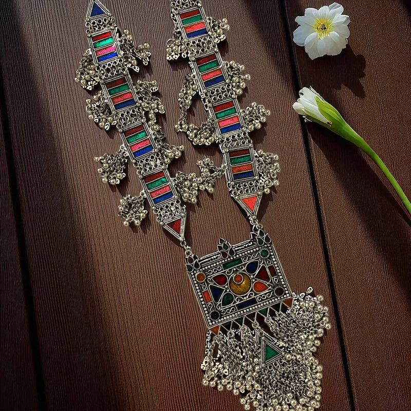 Aradhya German Silver Multicolor Ghungroo Necklace and Earrings Set | Handcrafted Oxidized Silver Tribal Jewelry with Colorful Enamel and Dangling Ghungroos | Boho Statement Necklace Set for Women | Ethnic Indian Jewelry for Weddings, Festivals, and Parties | Vibrant Handmade Afghan Necklace and Earring Set with Vintage Silver Finish