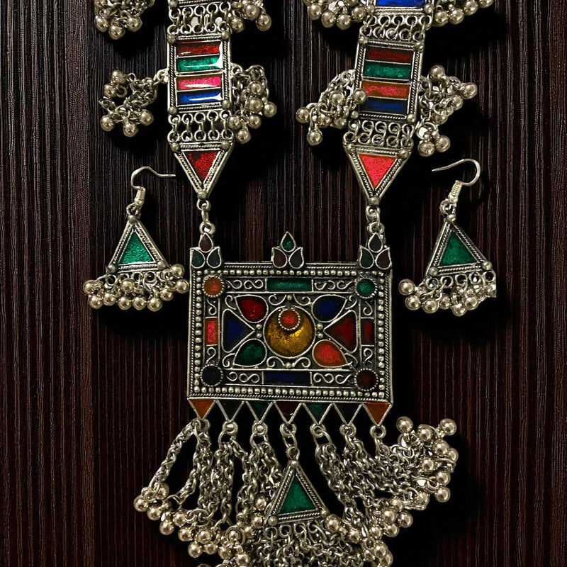 Aradhya German Silver Multicolor Ghungroo Necklace | Handmade Oxidized Silver Tribal Jewelry | Boho Statement Necklace with Colorful Enamel and Hanging Ghungroos | Ethnic Indian Afghan Necklace for Women | Festival and Wedding Jewelry | Long Vintage Silver Necklace for Sarees, Lehengas, and Indo-Western Outfits | Artistic Handcrafted Jewelry Gift