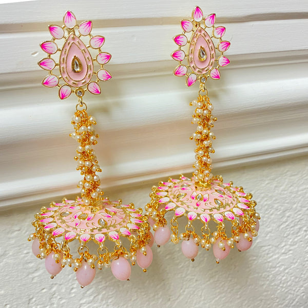 Baby Pink Nashira Meenakari Jhumka Earrings