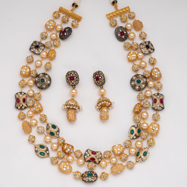 Cream Tashi Kundan Long Necklace Set