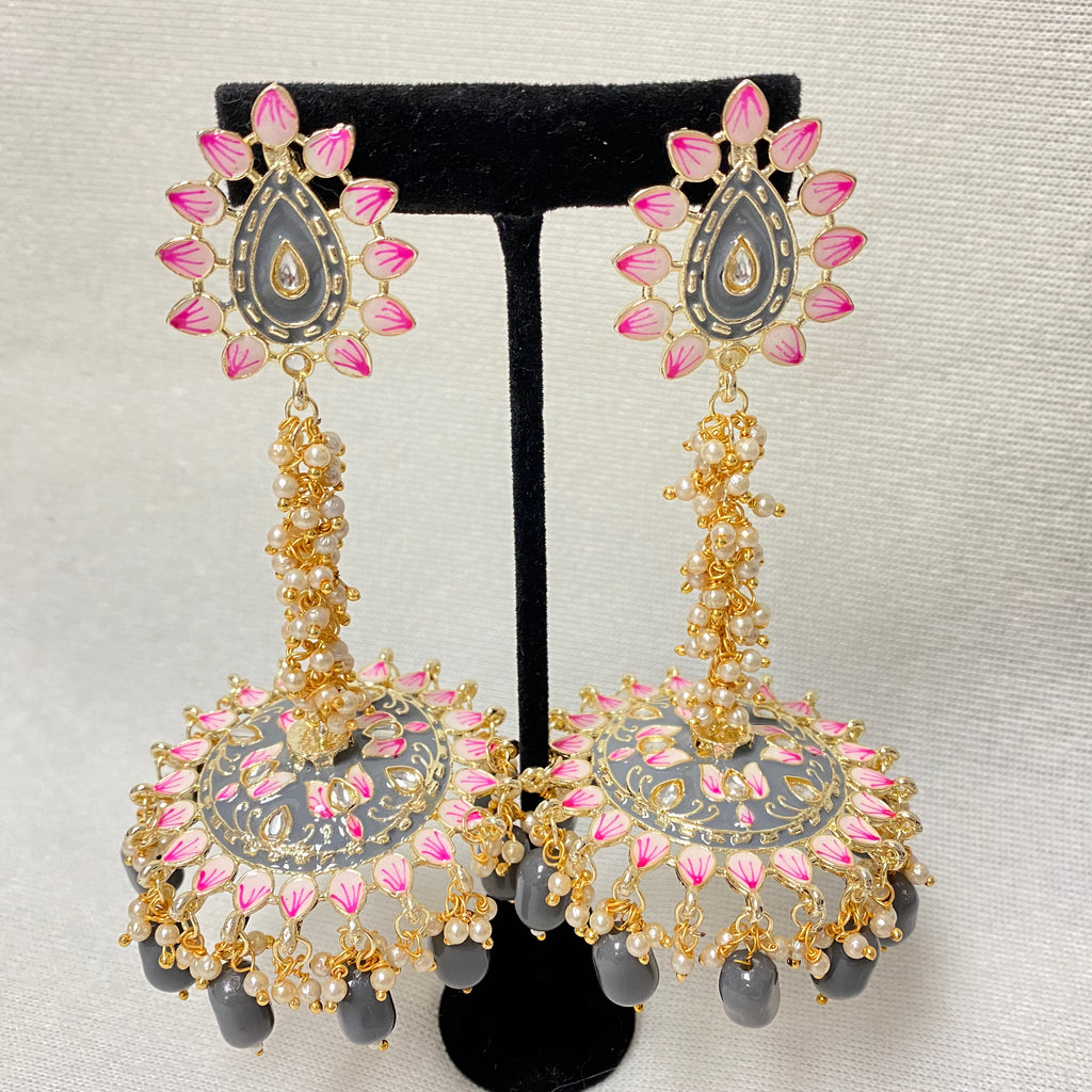 Gold Plated Mirror Kundan Earrings & Maangtika set with Classic Grey P –  Lamansh