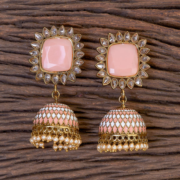 Best Handmade Mina Jhumka Earrings in Peach with Gold Color