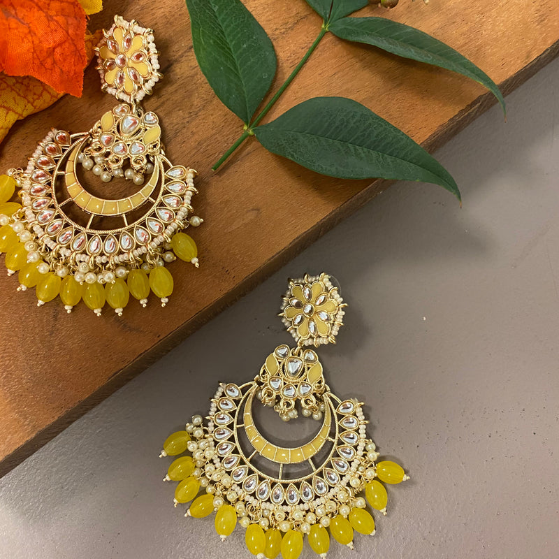Yellow Rashmika Meenakari Kundan Earrings