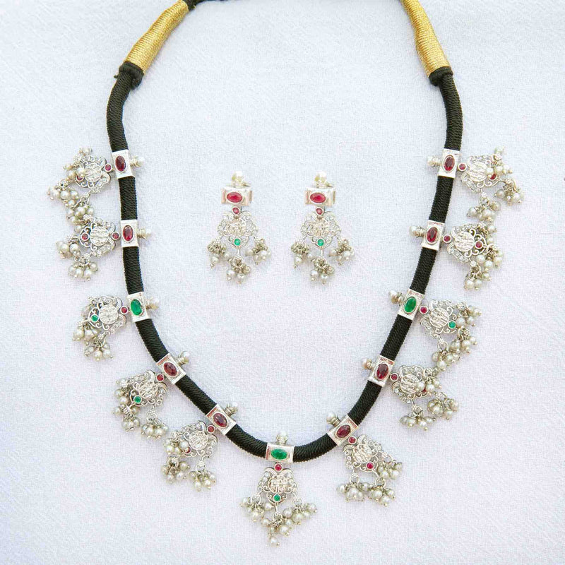 Avni necklace set: ruby and emerald gemstones, pearls, oxidized silver - Romikas