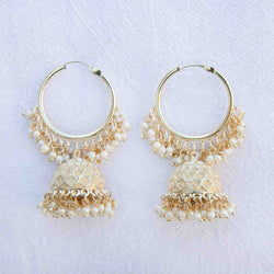 Cream Mishti jhumka Bali earrings: meenakari, pearls - Romikas