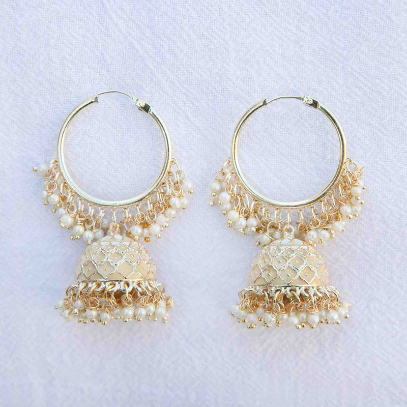 Cream Mishti jhumka Bali earrings: meenakari, pearls - Romikas