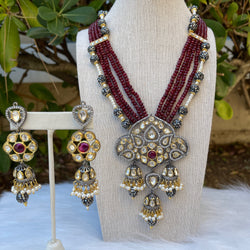 Dvhani Silver Foiled Kundan Long Necklace Set