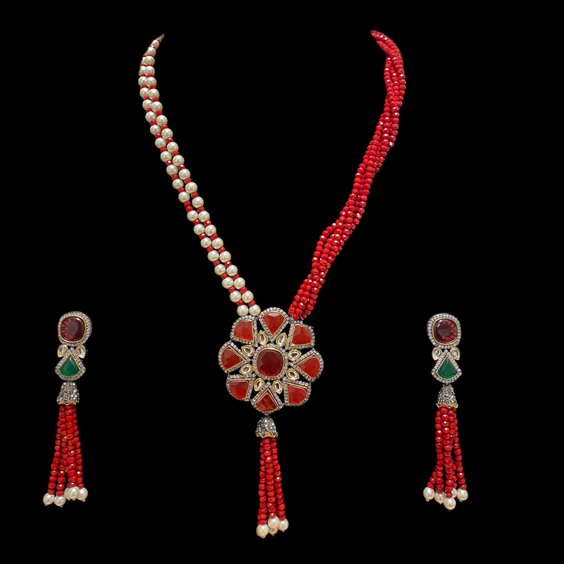 Red Vishakha Kundan Long Necklace Set