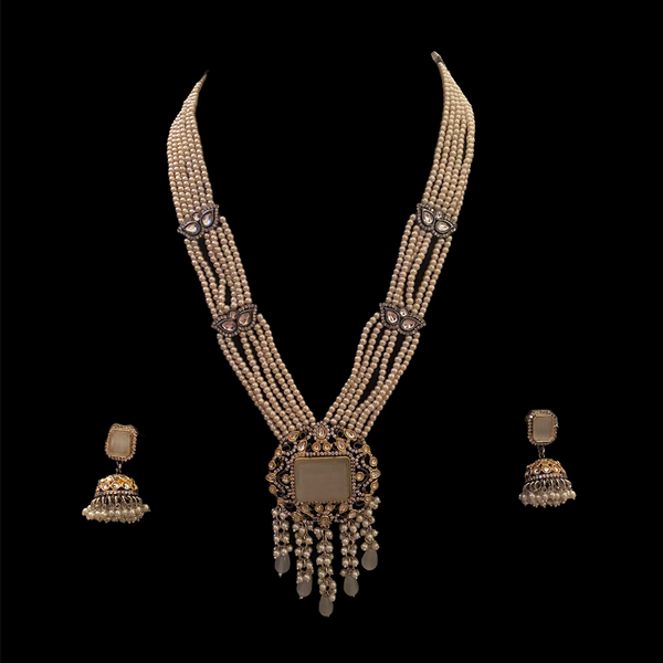 Grey Devali Dvhani  Kundan Long Necklace Set