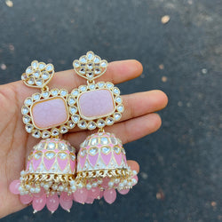 Pink Jiya Meenakari Kundan Jhumka Earrings
