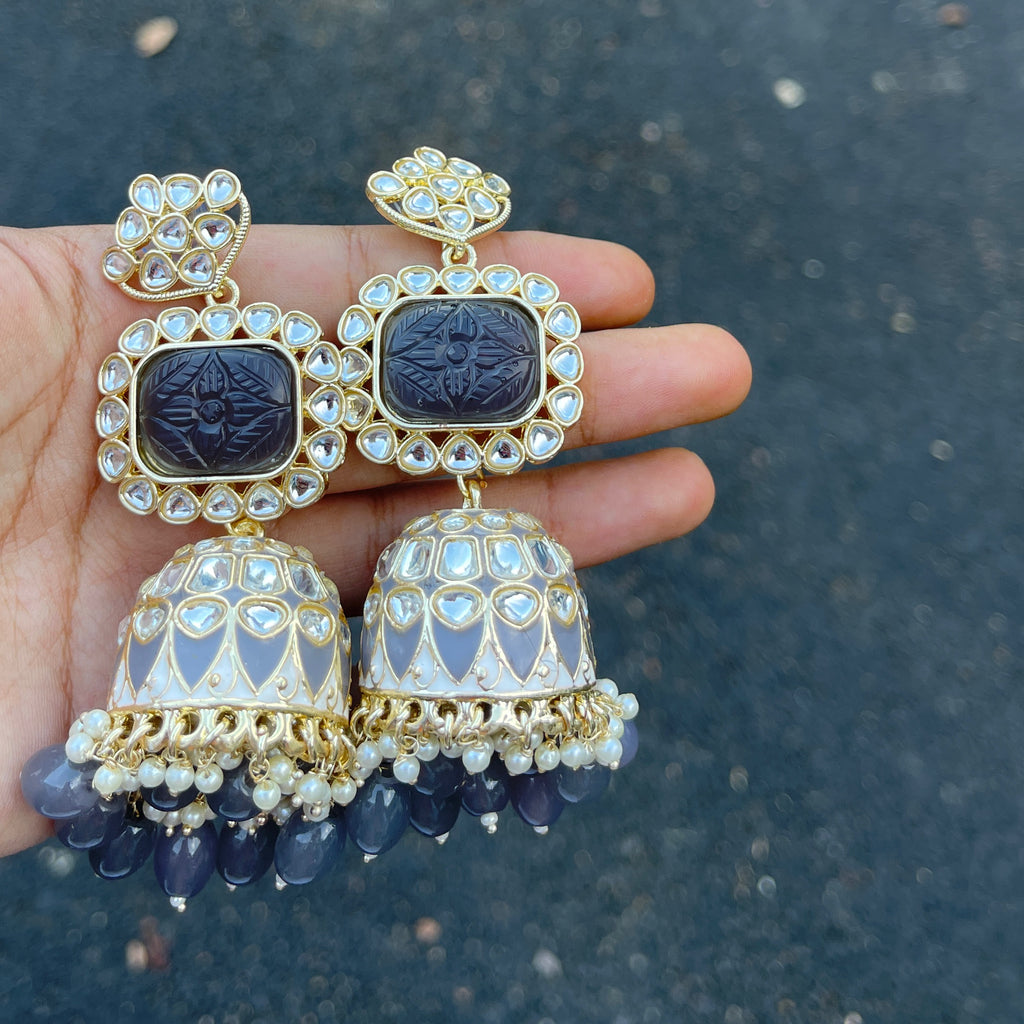 Grey Jiya Meenakari Kundan Jhumka Earrings