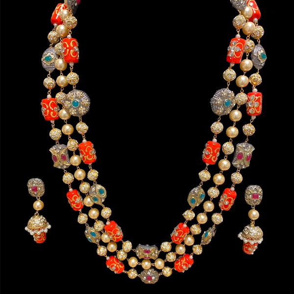 Orange Tashi Kundan Long Necklace Set