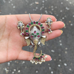 Ruby-Green Ganesh Long Necklace Set