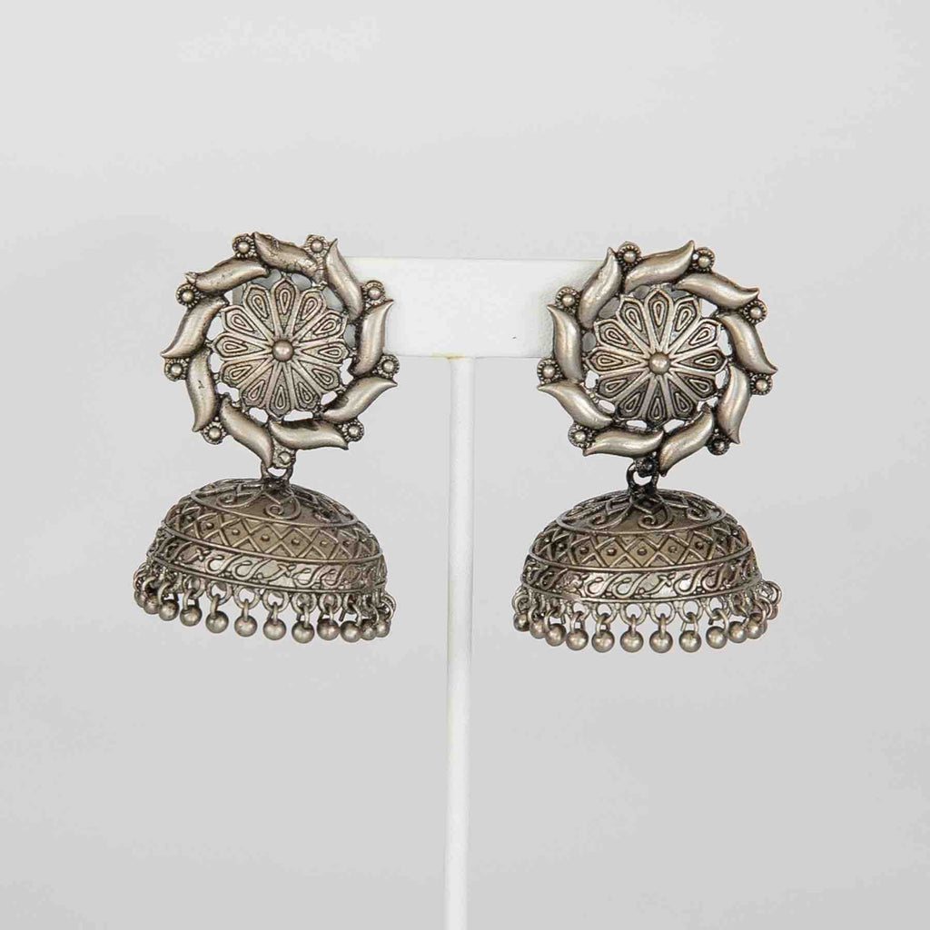 92.5 Silver Hoop Jhumkas In Oxidized Finishing & Stone Embellishments By  Kushal's -135680